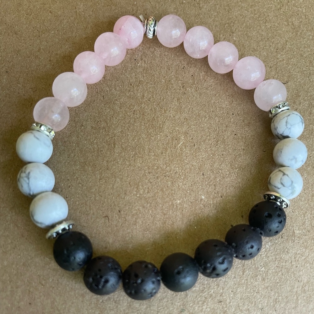 Handmade Natural Stone Bracelet- Lava Stone, Howlite, and Rose Quartz Bracelet